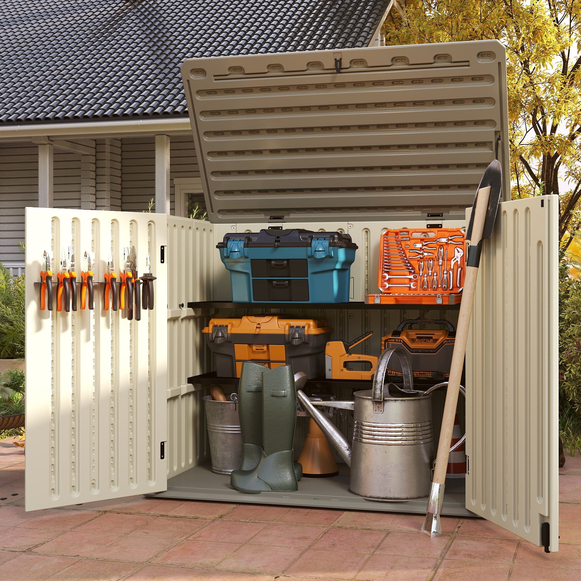 EHHLY Vertical Resin Storage Shed with 2 Shelves, 47 Cuft Garden Tool Sheds & Outdoor Storage, Plastic Outdoor Storage Cabinet Waterproof, 4.5x2.8 ft Backyard Outside Lawn Mower Storage Shed, Vanilla