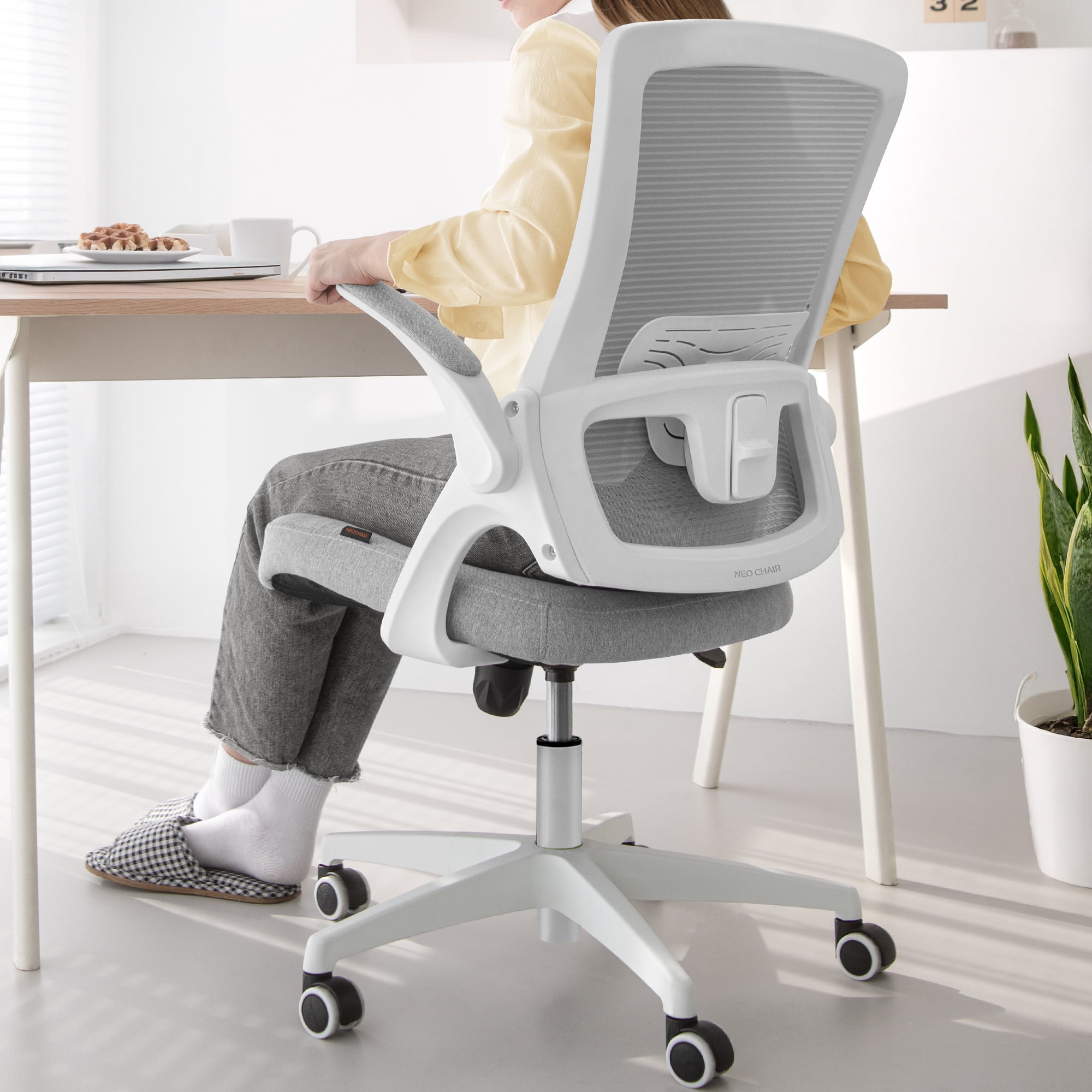 CELTOSS Ergonomic Office Chair, Wide Seat with Flip-Up Armrests, Lumbar Support, Adjustable Height, Comfy Home Task Computer Chair, Gray