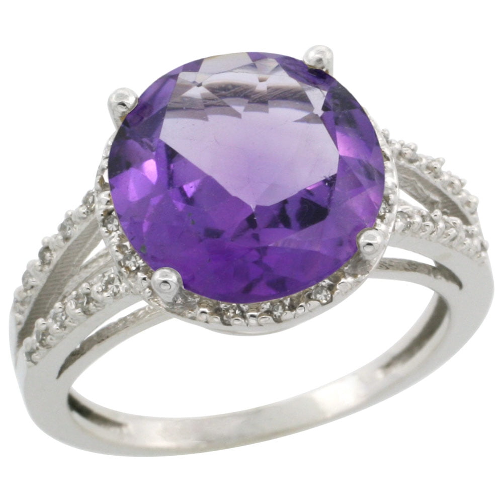 10K White Gold Diamond Natural Amethyst Ring Round 11mm, sizes 5-10 by WorldJewels