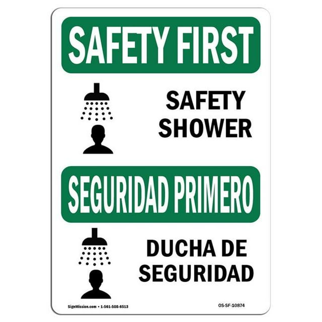 SignMission OS-SF-A-1218-L-10874 12 x 18 in. OSHA Safety First Sign - Safety Shower with Symbol Bilingual