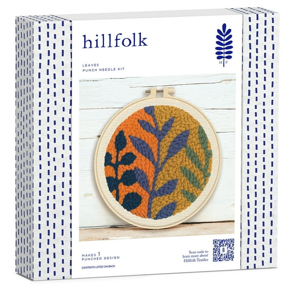 Hillfolk Punch Needle Leaf Kit- Includes 8" Plastic Hoop, Printed Fabric, Yarn, Punch Needle Tool And Instructions. Makes On 8" Punch Needle Design.