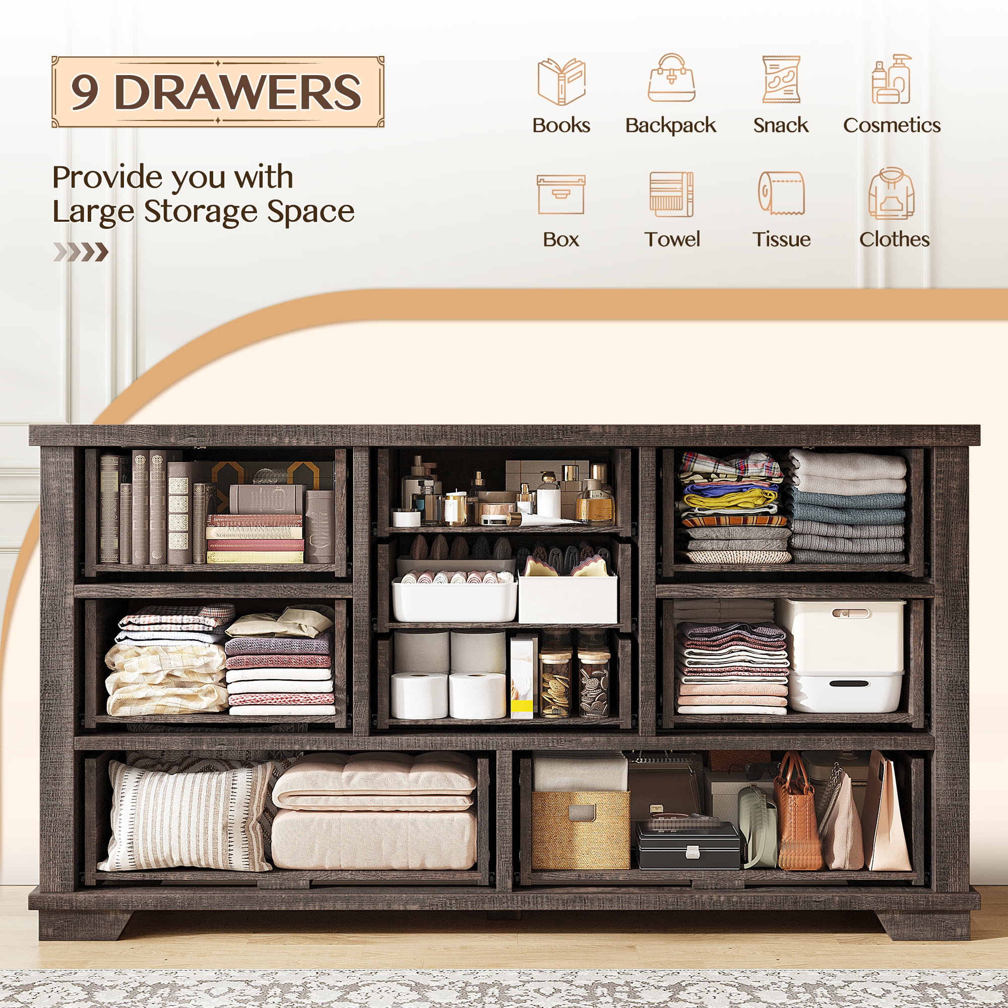 EnHomee 9 Drawers Dressers for Bedroom Wood Dresser&Chest of Drawers,Dark Rustic Oak