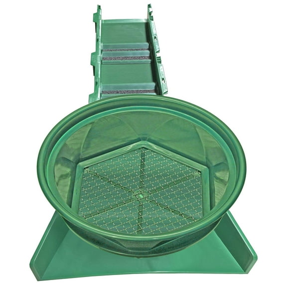 Sluice Fox Sluice Fox 36 inch portable sluice box for gold prospecting; Gold classifier mount at sluice box header.  Backpack sluice box with pay dirt bucket sifter (1/4 inch mesh)