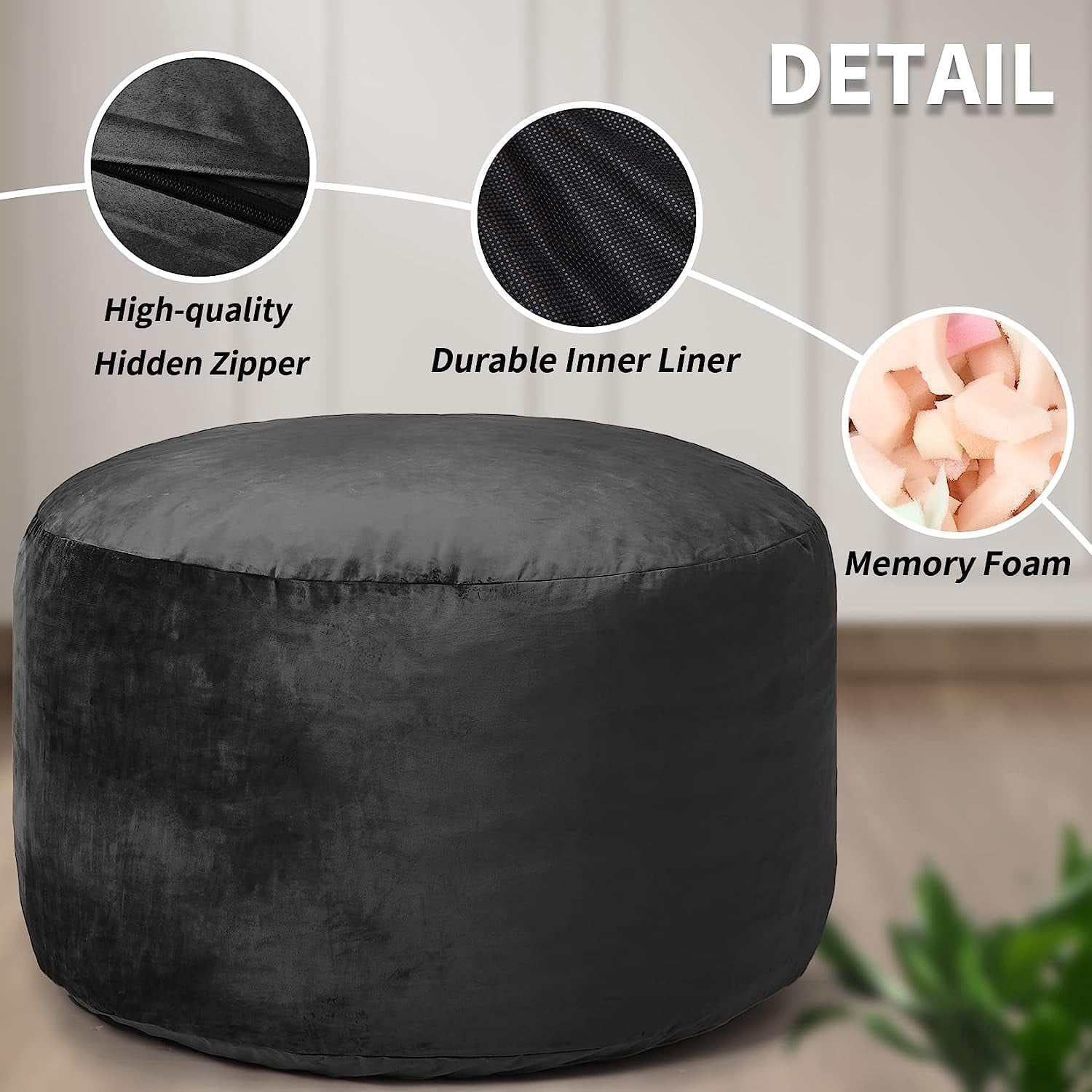4 ft Bean Bag Chair, Memory Foam Bean Bag Chairs with Filling for Adults, Teens and Kids, Plush Lazy Sofa with Soft Velvet Cover for Living Room, Black