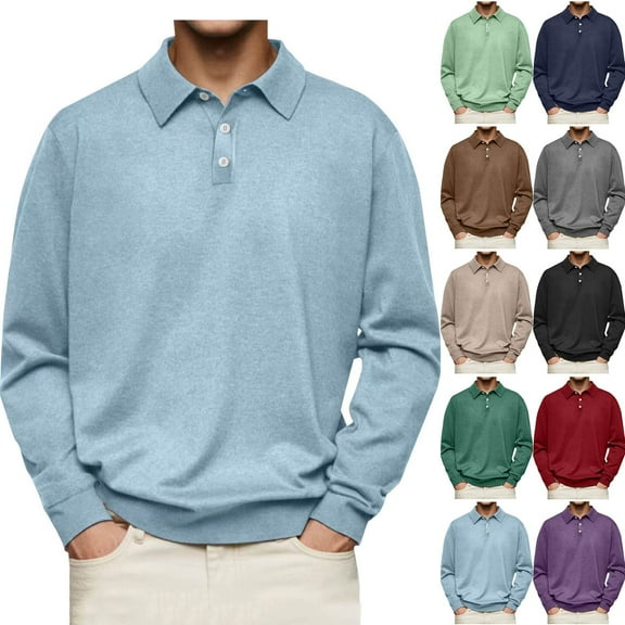 Miluxas Mens Casual Knit Polo Shirt Classic Long Sleeve thermal Basic Button Down Golf Shirts Sky Blue