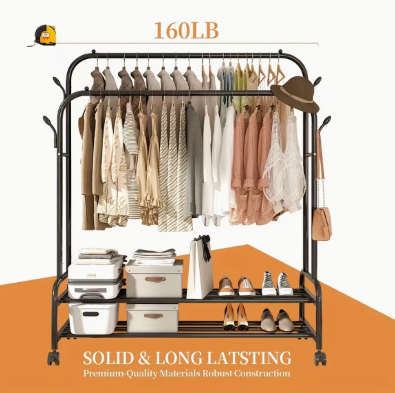 Clothes Rack for Hanging Clothes, Metal Clothes Garment, Portable Sturdy Clothes Rack, Extendable Rolling Garment Rack with Wheels for Laundry Room