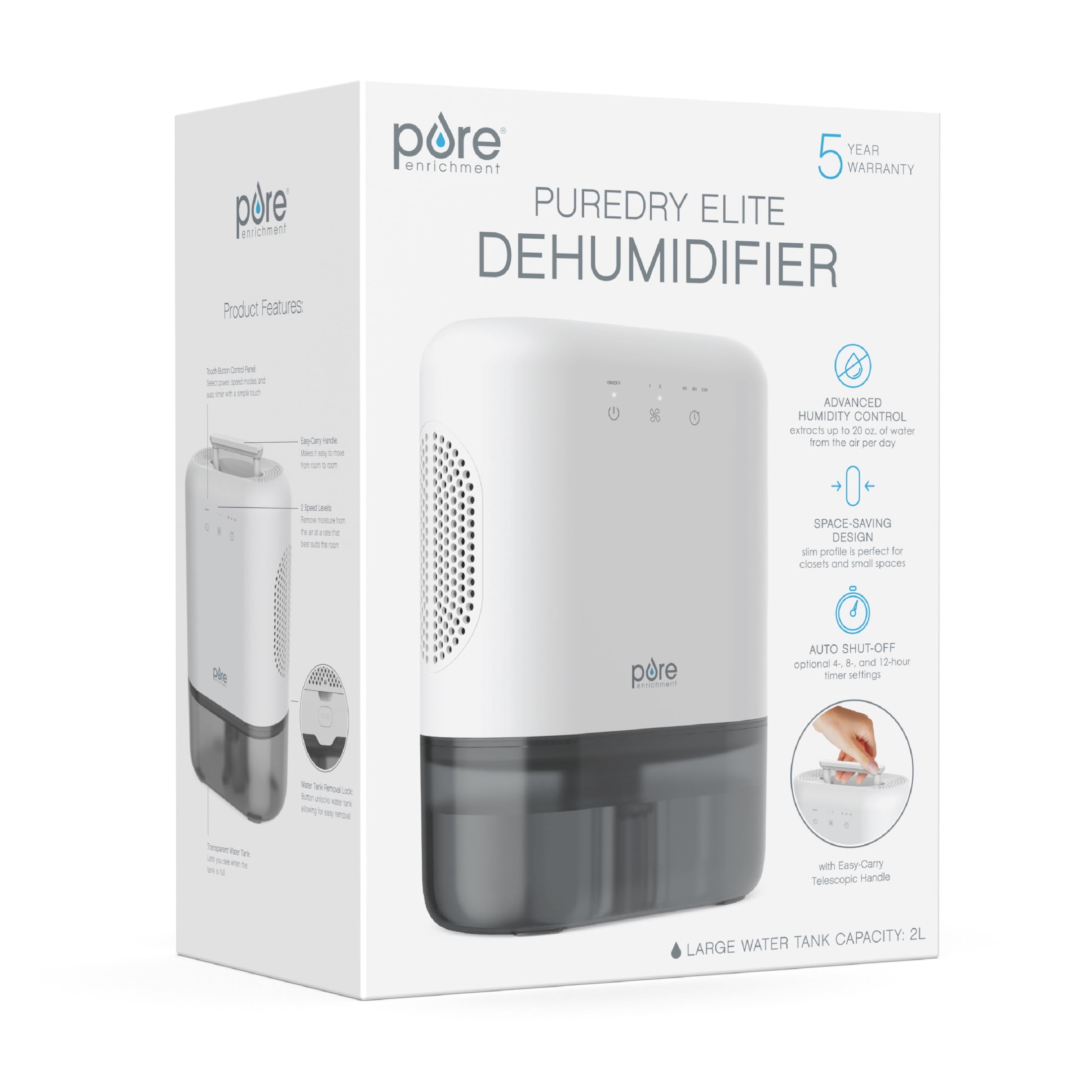 Pure Enrichment PureDry Elite Dehumidifier – Extra-Large 2L Water Tank with Auto Shut-Off, Removes 20 oz. (600 mL) per day of Moisture from Closets, Bathrooms, RVs, Basements, Bedrooms, and Offices