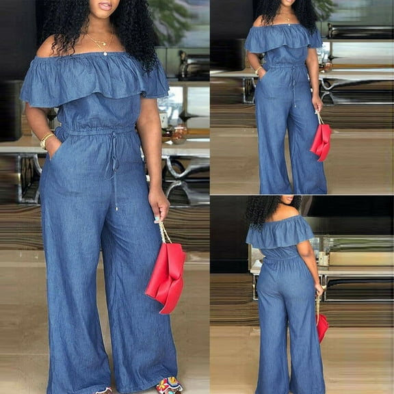 ZAZYULZ Pant Rompers for Women Women Off Shoulder Denim Jeans Look Long Party Club Playsuits Jumpsuits(Light Blue,Xl)