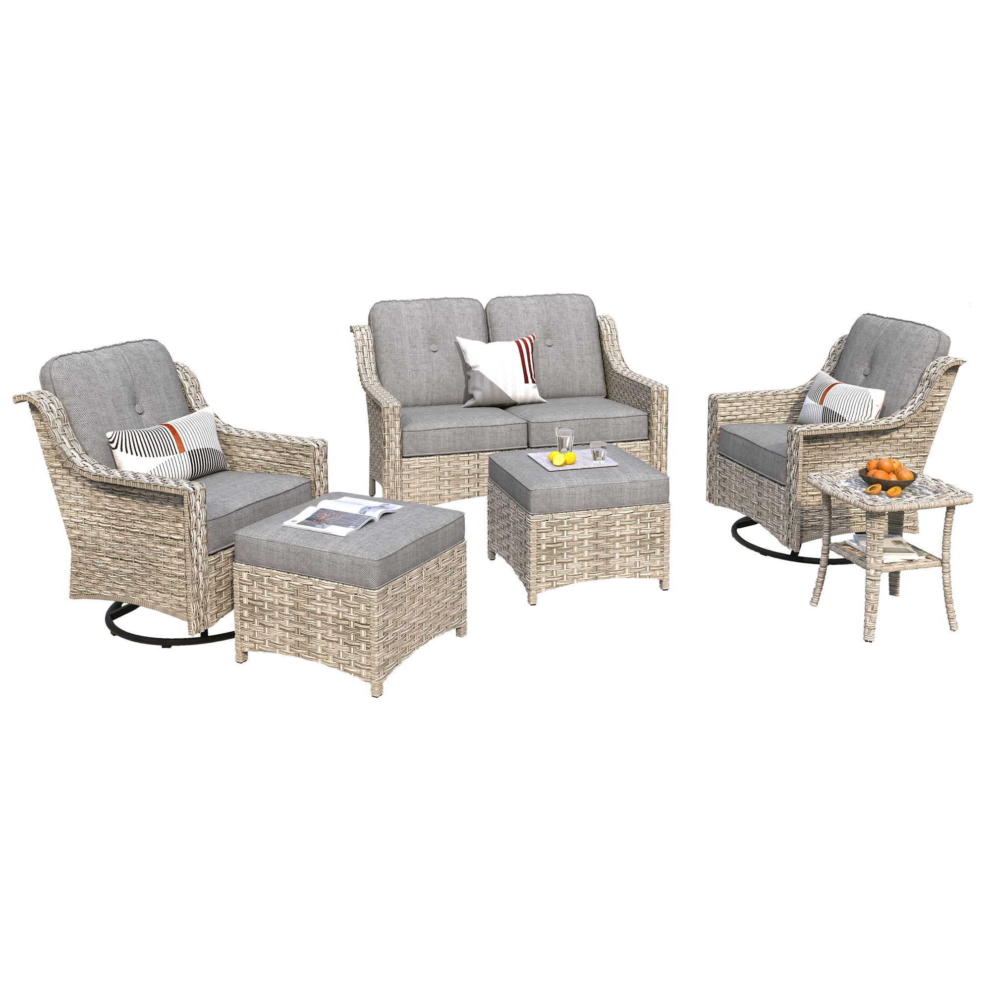 Ovios 6 Pieces Patio Furniture Set All-Weather Outdoor Sectional Patio Sofa Wicker Rattan Conversation Set with Swivel Rocking Chairs for Backyard