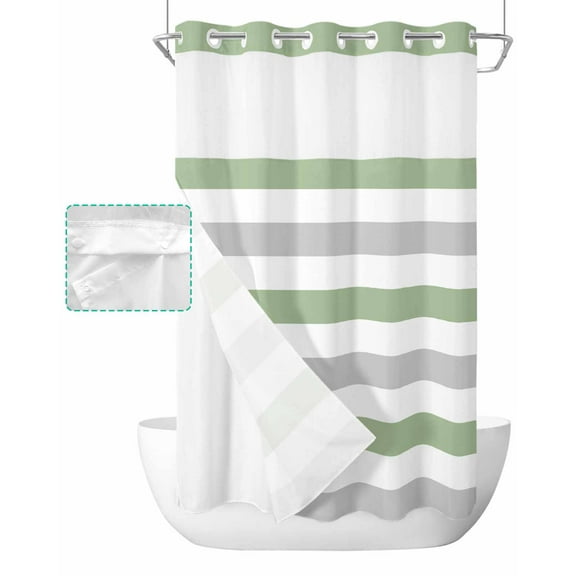 No Hook Shower Curtain with Snap in Liner, Geometric Sage Green and Gray Stripes Hotel Shower Curtains for Bathroom, Washable Shower Curtain Liner Set with Mesh Top Window, 36"x78"