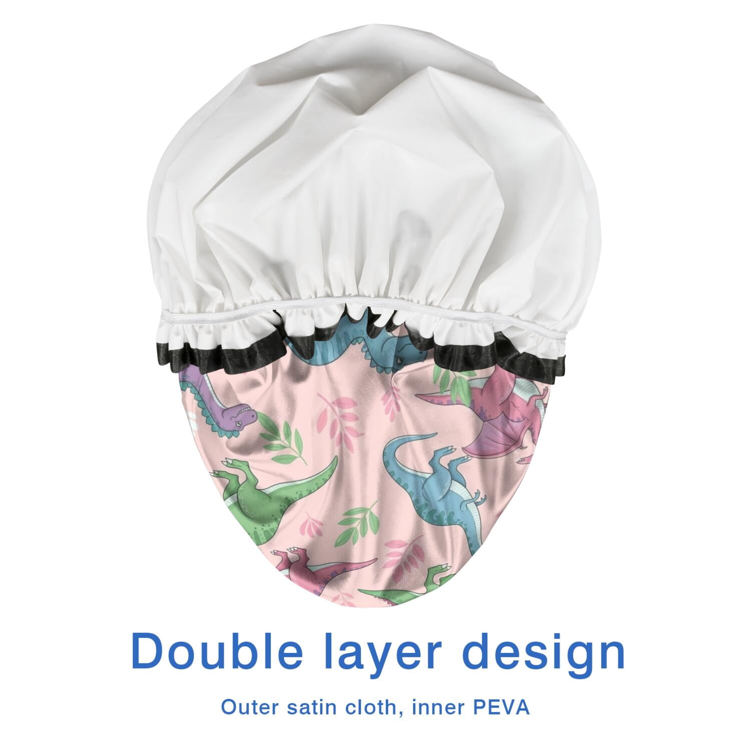 Shower Caps,Pink Cartoon Dinosaurs Leaves Pattern Waterproof Shower Cap for Women 4 Pieces,Double Reusable Hair Cover for Shower PEVA Elastic Stretch Hem