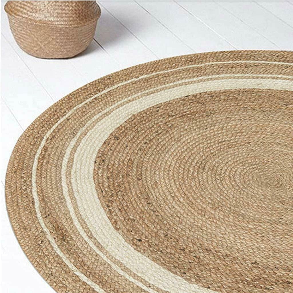 Natural Jute Rug Hand Braided Round Area Rug Handmade Rug for Home Decor (3 Feet Round (36x36 Inches), Beige + WhiteLine)