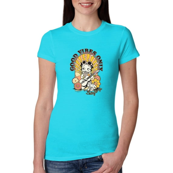 Wild Bobby, Betty Boop Good Vibes Only Betty Boop Womens Slim Fit Junior Tee, Tahiti Blue, XX-Large