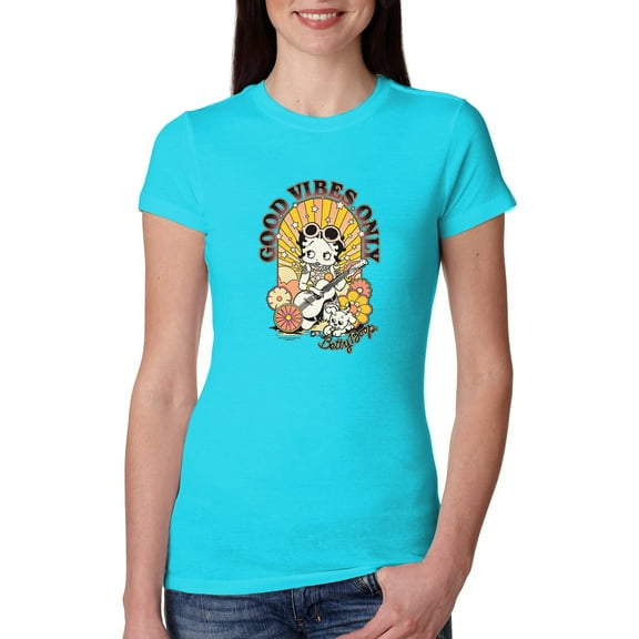 Wild Bobby, Betty Boop Good Vibes Only Betty Boop Womens Slim Fit Junior Tee, Tahiti Blue, Small