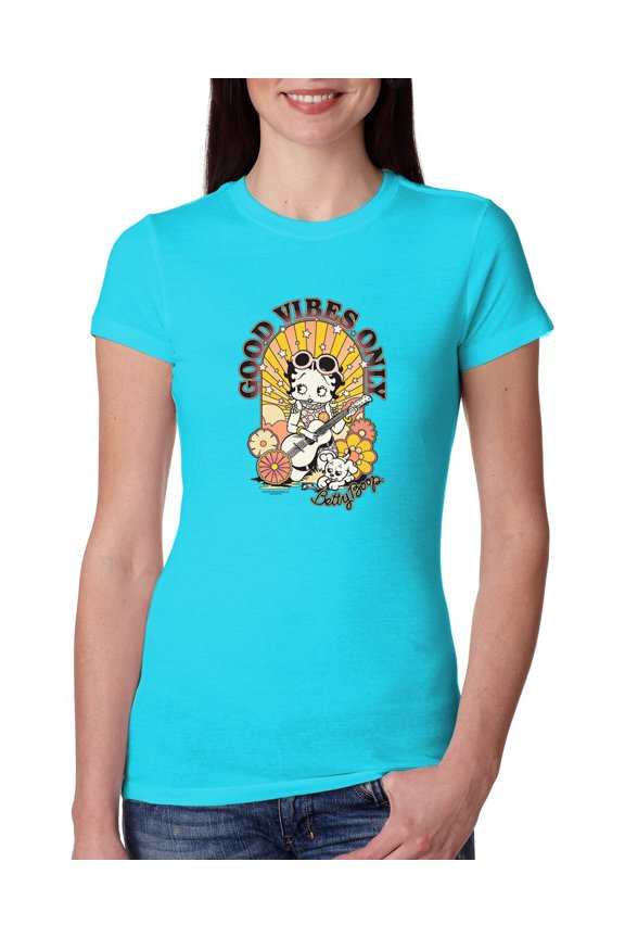 , Betty Boop Good Vibes Only Betty Boop Womens Slim Fit Junior Tee, Tahiti Blue, Small