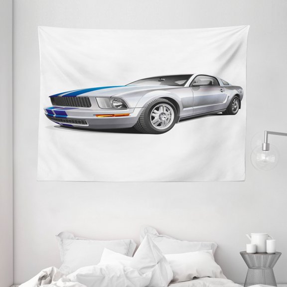 Teen Room Decor Tapestry, Modern Trendy Cool Car Automobile Fancy Speed Vehicle Illustration, Wall Hanging for Bedroom Living Room Dorm Decor, 80W X 60L Inches, Silver Grey Blue, by Ambesonne