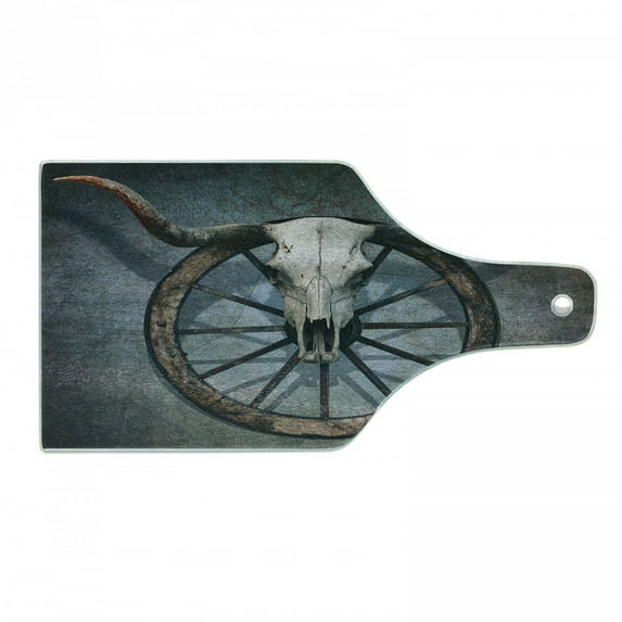 Barn Wood Wagon Wheel Cutting Board, Wild West Themed Design Bull Skull on Cart Scratched Wall Weathered, Tempered Glass Cutting and Serving Board, Wine Bottle Shape, Multicolor, by Ambesonne