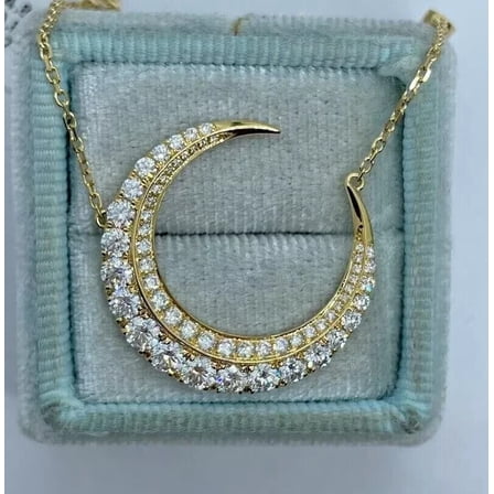 White Diamond Round Cut Women's Half Moon Pendant Necklace 18" 14K Yellow Gold Plated