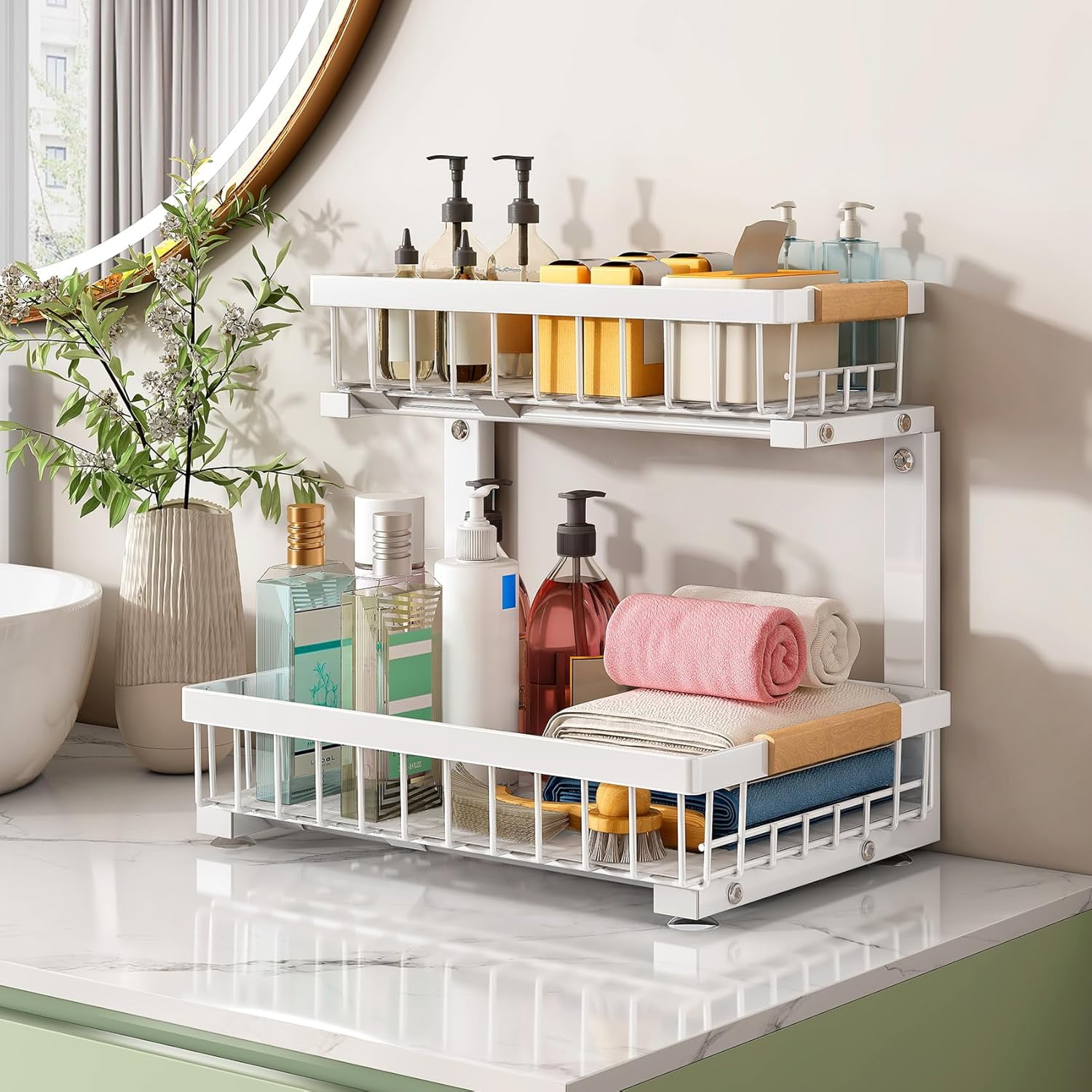 Under Sink Organizer, 2 Tier Under the Sink Storage, Slide out Pull out Cabinet Organizer Shelf, Metal Sliding Drawer for Kitchen Bathroom Pantry Closet Organization Rack