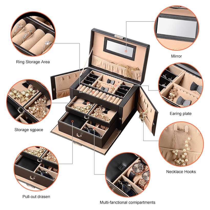 Boîte à Bijoux 3 étages En Simili Cuir - Organisation Pour Bagues, Boucles D'oreilles