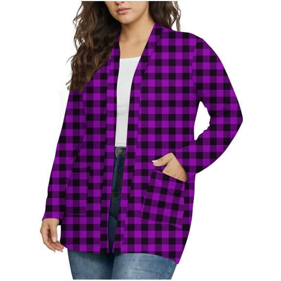 OGLCCG Plus Size Cardigan for Women with Pockets Long Sleeve Open Front Casual Lightweight Plaid Cardigans Casual Loose Outwear,XL,Purple