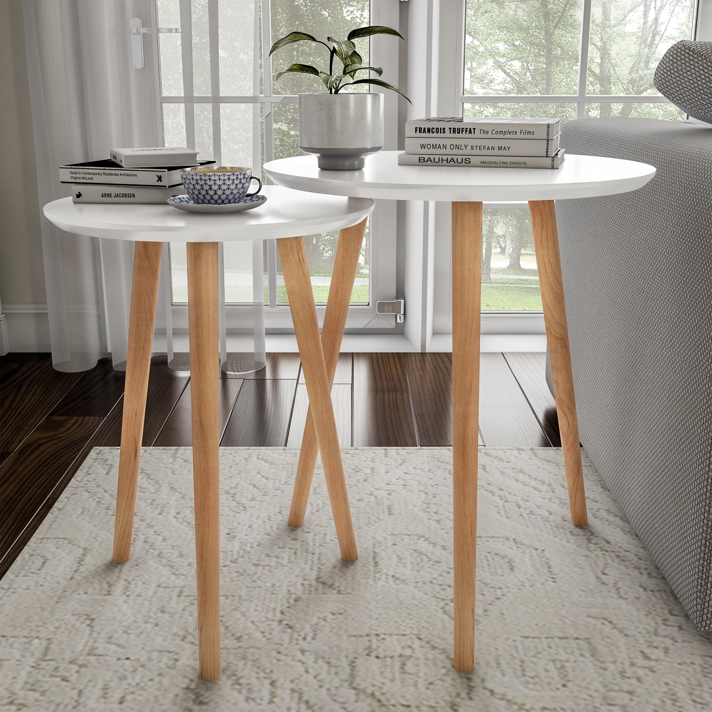 Lavish Home Mid-Century Modern Design Round End & Side Tables with Tray Top 