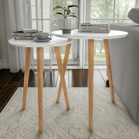 Nesting End Tables Mid-Century Modern Wood Contemporary Dcor and Home Accent Table with Circular Top by Lavish Home (White Set of 2)