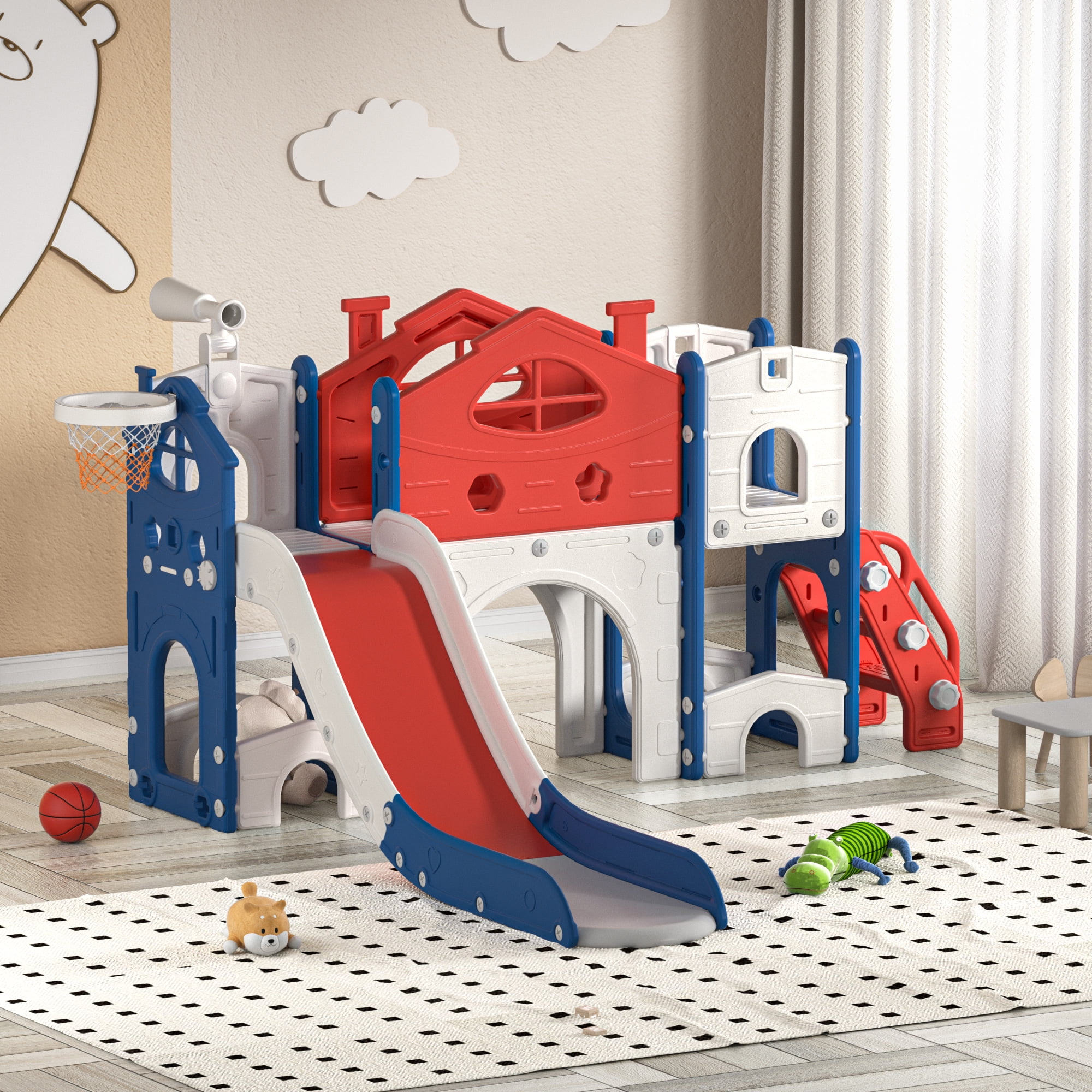 NBTiger Multi-functional Kids Slide Playset with Slide and Climber, Red and Blue, for Ages 1-3, Indoor/Outdoor