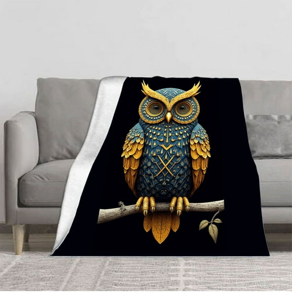 Durable Soft & Warm Flannel Blanket - Cozy Owl Design with Blue & Gold Patterns Perfect for Sofa Travel Bed & Chair
