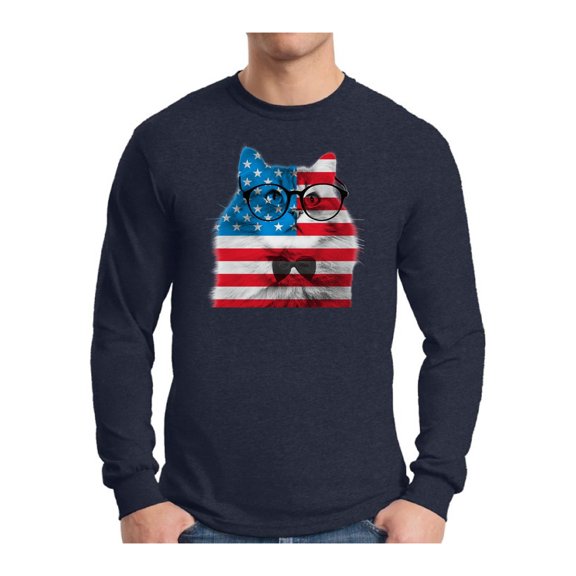 Awkward Styles Men's American Flag Cat Graphic Long Sleeve T-shirt Tops USA Flag Cat Independence Day 4th of July