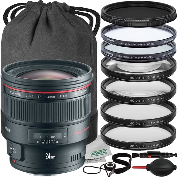 Ultimaxx Essential Canon 24mm f/1.4L Lens International Model  Bundle - Includes: Variable Neutral Density Filter (ND2-ND400), 4PC Macro Close-Up Filter Kit, Protective UV Filter & More (16pc Bundle)