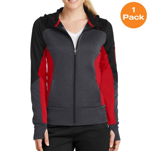Sport-Tek LST245 Ladies Tech Fleece Colorblock Full-Zip Hooded Jacket , Black/ Graphite Heather/ True Red, 3XL, Womens Fleece Jackets