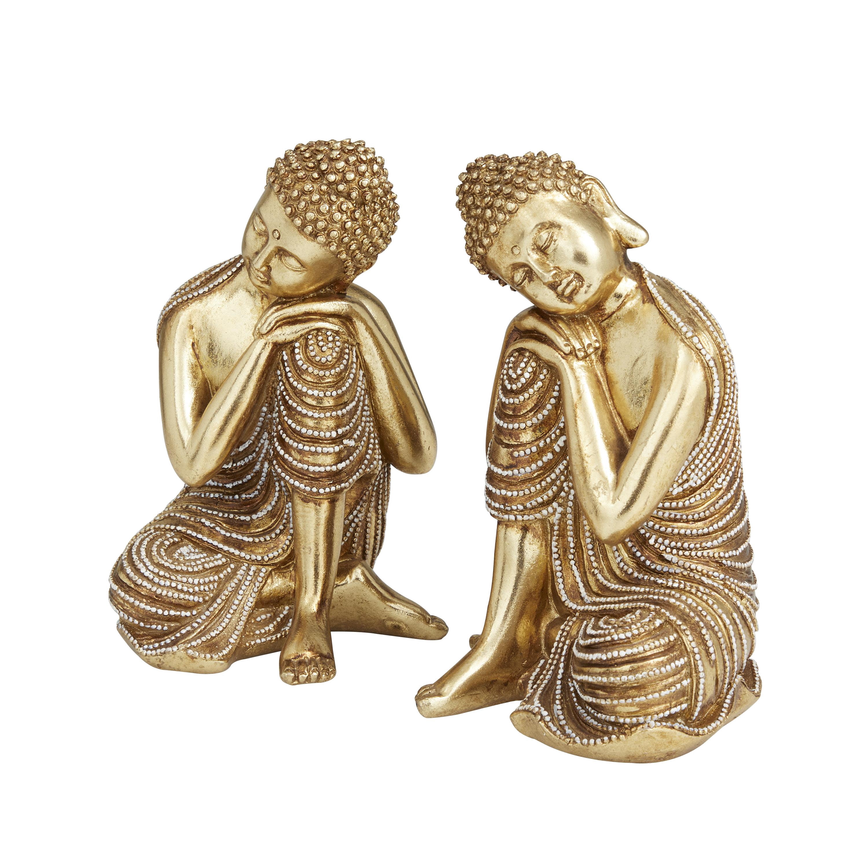 5"W, 7"H Gold Polystone Meditating Buddha Sculpture with Engraved Carvings and Relief Detailing, by DecMode (2 Count)