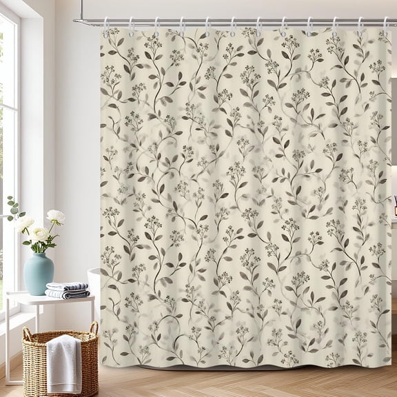 Elyvra Modern Beige Botanical Floral Shower Curtain Set, 72x72 Waterproof Fabric Bathroom Decor with Hooks, Neutral Flower Vine Farmhouse Bath Curtain