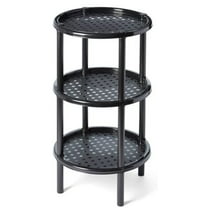 3 Tier Shelf, End, Bed or Display Table, Self-Standing Shelving for Bathroom Toiletries, Storage and Organization. 13.75 Inch diameter, 24 Inch height, 9.25 Inch space between shelves.  Black