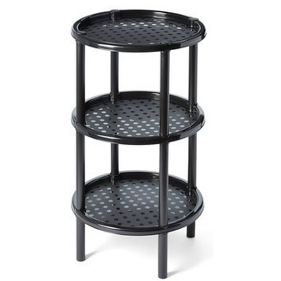 3 Tier Shelf, End, Bed or Display Table, Self-Standing Shelving for Bathroom Toiletries, Storage and Organization. 13.75 Inch diameter, 24 Inch height, 9.25 Inch space between shelves.  Black