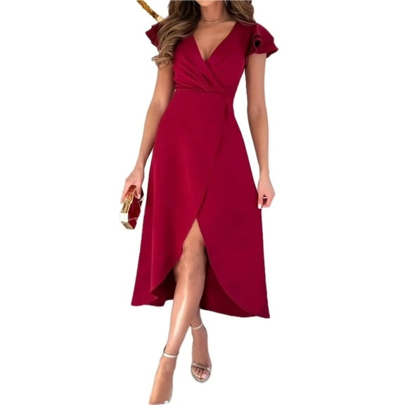 Women's Surplice Ruffled Cap Sleeve Zip Back Dress 100% Polyester Fabric Slit Detail Elegant Everyday Party Wear