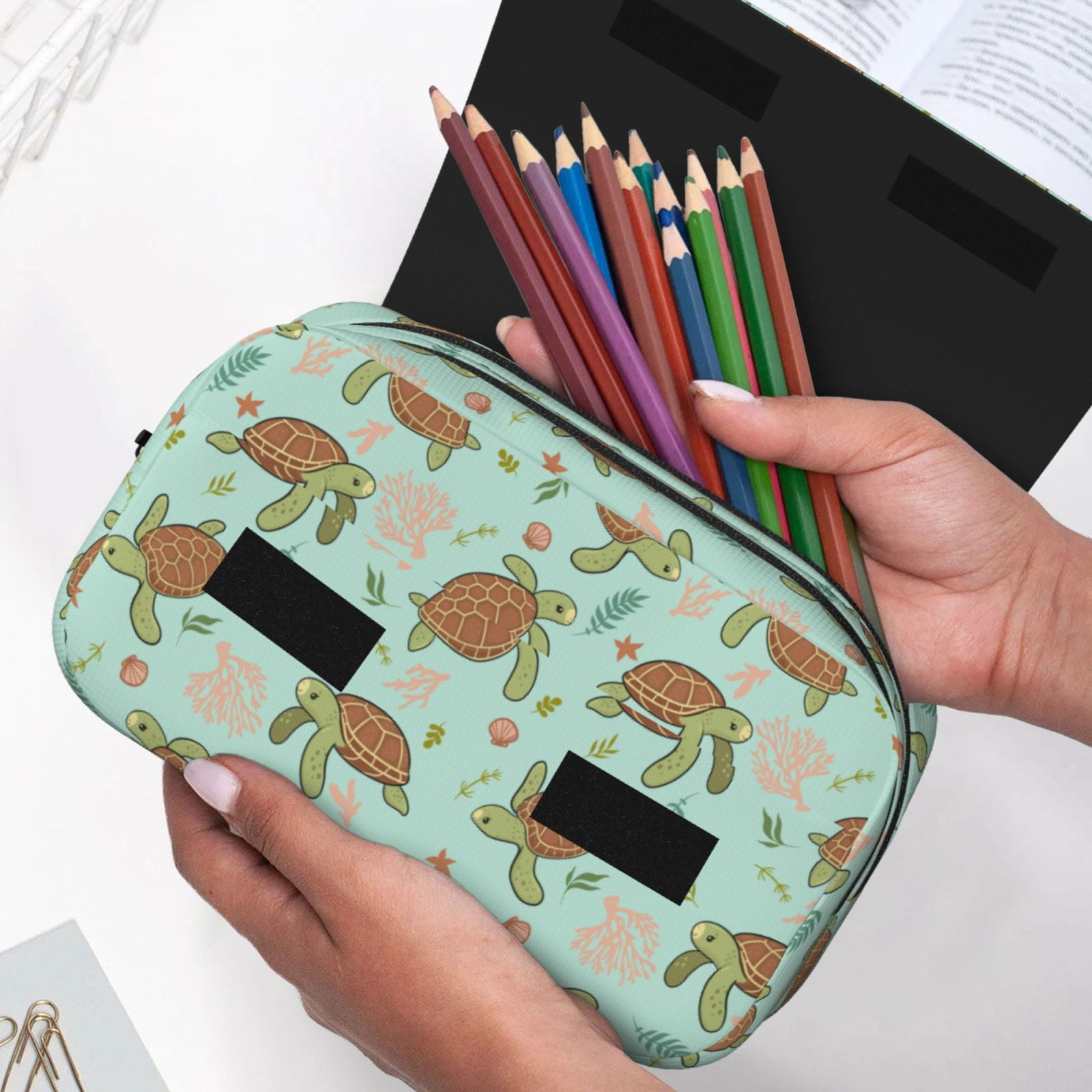 Rateoe Cute Sea Turtles Pattern Double Clamshell Pen Case, Storage Organizer with Two Zipper Compartments– Holds Up to 50 Pencils & Pens