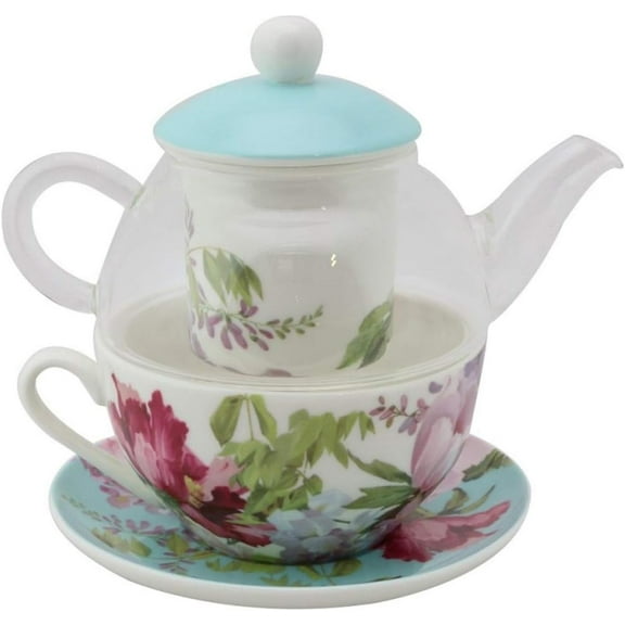 Floral Mist Blue See Through Glass Tea for 1, 5 Piece Set Includes Floral Decorate Infuser
