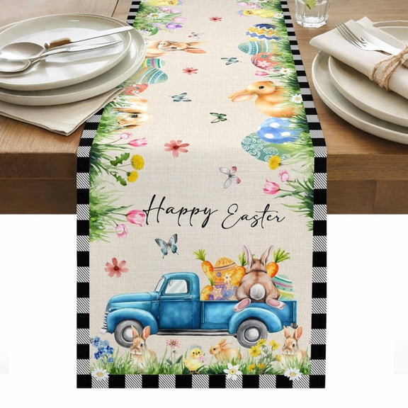 Black Plaid Easter Table Runner - 48 Inch Long, Kitchen Dining Table Runner Dresser Scarves, Truck Spring Floral Bunny Animals Rustic Farmhouse Decor for Coffee Tables Wedding Party Banquet