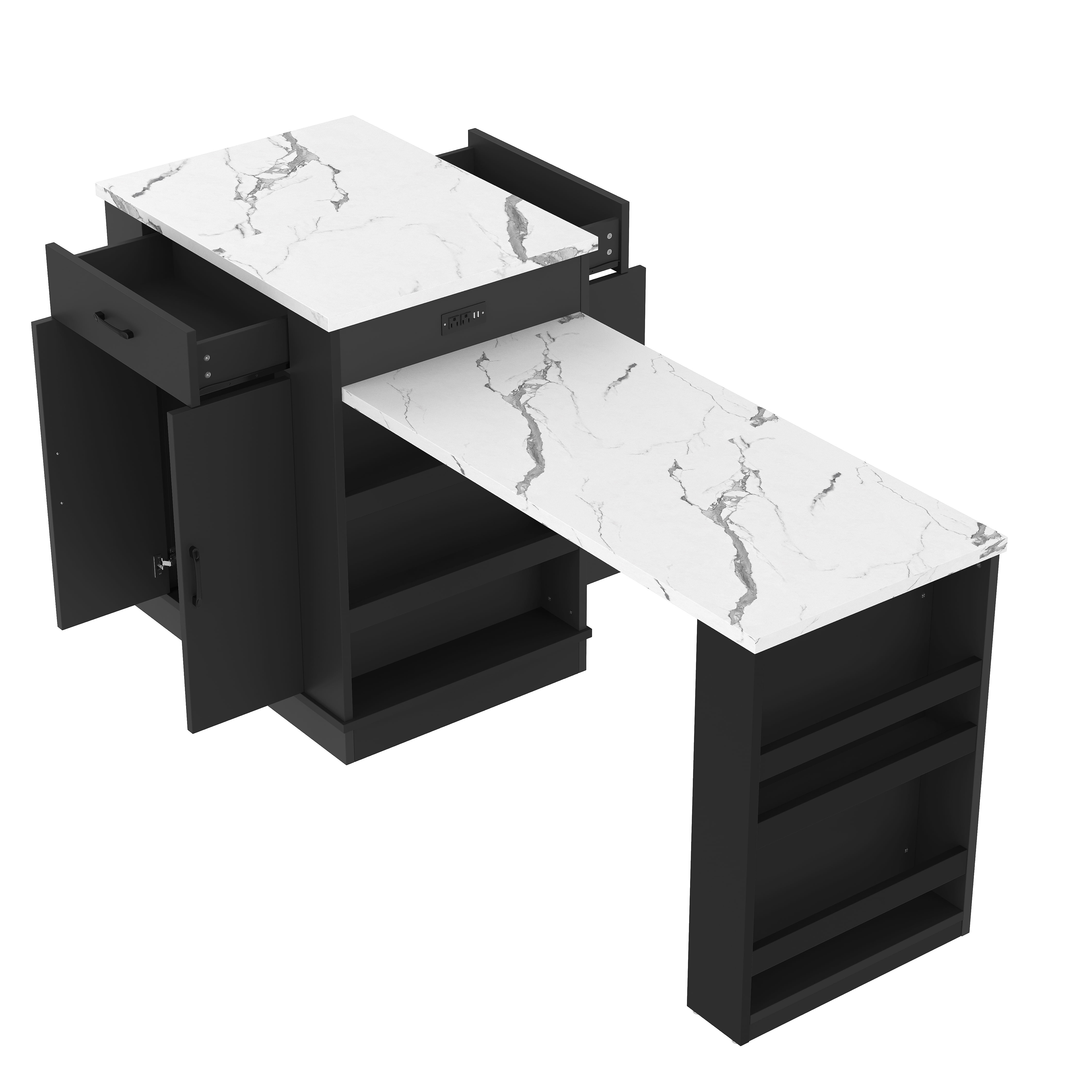 Large Extendable Kitchen Island for Family Use, Dining Table and Breakfast Bar with Storage Drawers, Cabinet Doors and Open Shelves, Ideal for Kitchen and Dining Room, Black