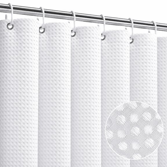 SIXLON White Waffle Fabric Shower Curtain with 12 Hooks, 72" x 72", 100% Polyester, Waterproof, Machine Washable