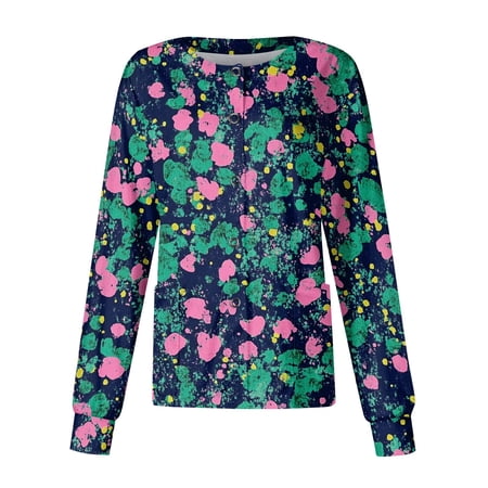 Scrubs for Women Long Sleeve Snap Front Lightweight Scrub Tops Cute Floral Print Women s Medical Scrub Jackets Soft Comfy Nurse Working Uniform Green L