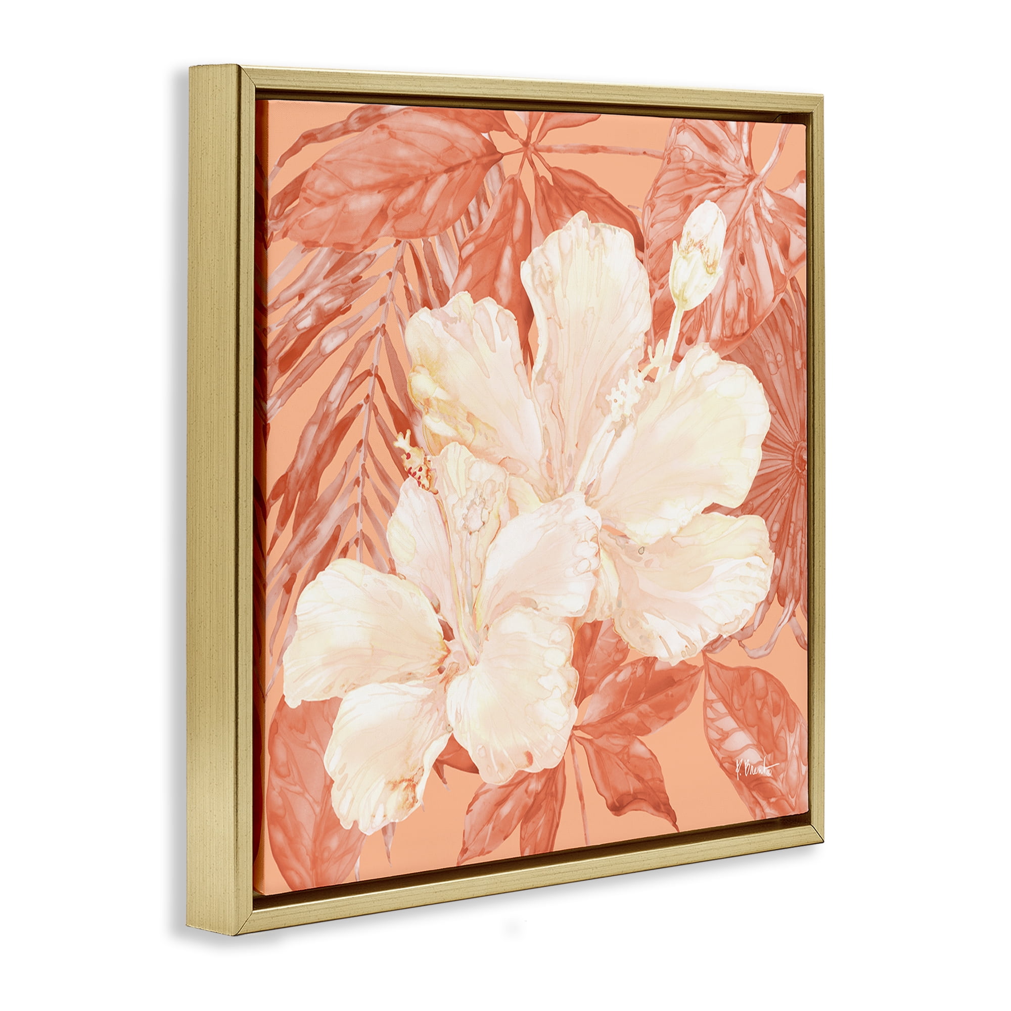 Stupell Industries Hibiscus Flower Bunches Plants & Flowers Painting Gold Floater Framed Canvas Art Print Wall Art, 25 x 25
