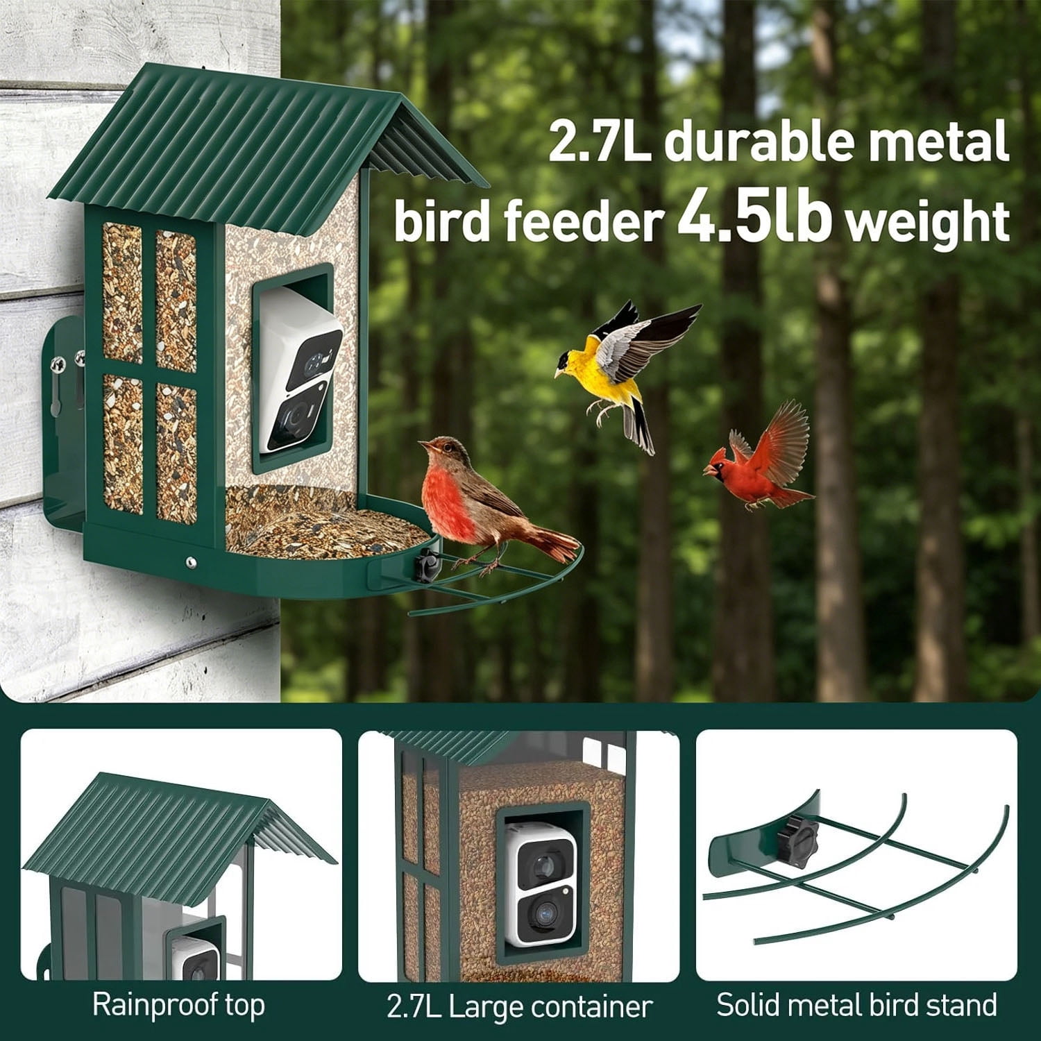Soliom Metal Bird Feeder Camera, 2.7L Seed Capacity, AI Species Identification, 2K Live View, Instant Alerts, 5W Solar Panel, Squirrel-Proof, Green