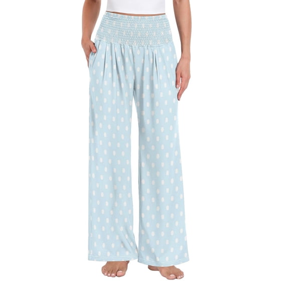Women's Casual Pants & Capris, Soft Stretch Smocked with Pockets, Cotton-like Modal for Home/Yoga Exercises, Light Blue Polka Dots,S