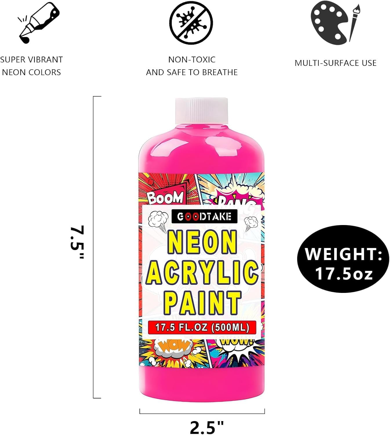 GOODTAKE Neon Acrylic Paint | 17.5 oz Bottles | Neon Colors Acrylics Painting | Non-Toxic | Neon Pink Paints for Canvas, Paper, Rocks| Art & Craft Paints for Artists (Neon Pink, 17.5 Fl Oz)