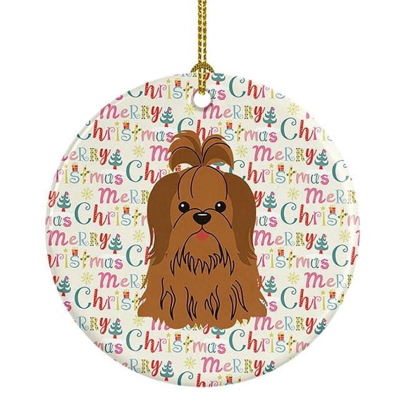 Merry Christmas Shih Tzu Silver Chocolate Ceramic Ornament 2.8 in x 2.8 in