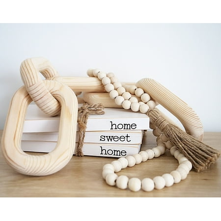 Modern 5th - Boho Home Decor Set, Farmhouse Wood Bead Garland 58inch, 5 Link Wood Chain, White Rustic Wood Stack of 3 Faux Books with Home Sweet Home, Bless Our Home