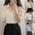 thumbnail image 3 of BUYISI Basic Simple Womens Lapel Puff sleeves Casual Shirt Versatile Fashion tops Apricot L, 3 of 7